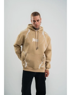 Erkek Şimşek Baskılı Kapşonlu weatshirt Üç İplik Pamuklu Kanguru Cepli Double Oversize Hoodie  Bej