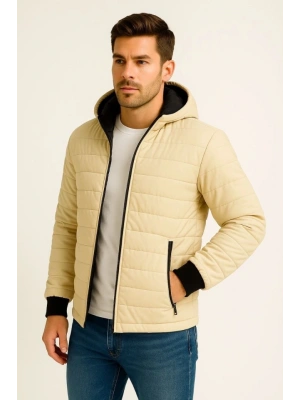 Erkek Şişme Kapüşonlu Fermuarlı ont u Itici Kapitone Astarlı Kumaş Cepli Kışlık Rahat Kalıp  Bej