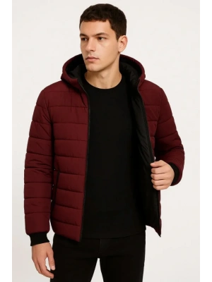 Erkek Şişme Kapüşonlu Fermuarlı ont u Itici Kapitone Astarlı Kumaş Cepli Kışlık Rahat Kalıp  Bordo