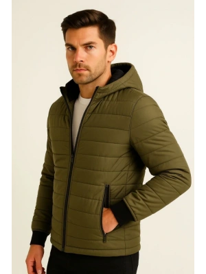 Erkek Şişme Kapüşonlu Fermuarlı ont u Itici Kapitone Astarlı Kumaş Cepli Kışlık Rahat Kalıp  Haki