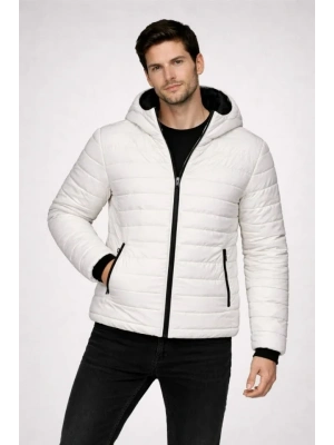 Erkek Şişme Kapüşonlu Fermuarlı ont u Itici Kapitone Astarlı Kumaş Cepli Kışlık Rahat Kalıp  Krem