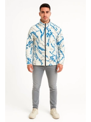 Erkek Tam Fermuarlı Desenli Polar weatightning Desen Yakalı, Uzun Kollu, Oversize Rahat Kalıp  Beyaz