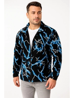 Erkek Tam Fermuarlı Desenli Polar weat ightning Desen Yakalı, Uzun Kollu, Oversize Rahat Kalıp  iyah