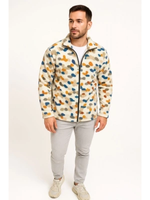 Erkek Tam Fermuarlı Desenli Polar weat – iyah ulticolor Figür Desen Yakalı, Uzun Kollu, Oversize Rahat Kalıp Beyaz