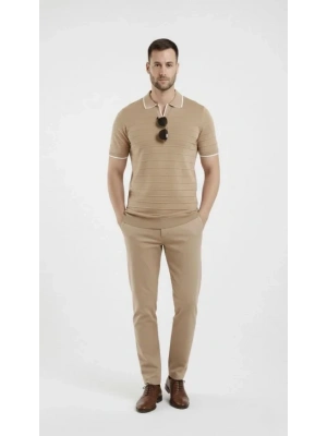 Erkek Triko Kumaş Yakalı Düğmesiz Açık Yaka Fitilli Kısa Kollu Regular Fit Tişört Tshirt  Bej