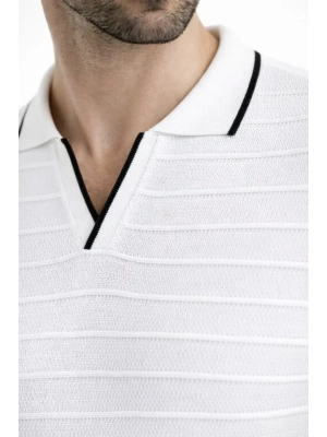Erkek Triko Kumaş Yakalı Düğmesiz Açık Yaka Fitilli Kısa Kollu Regular Fit Tişört Tshirt  Beyaz