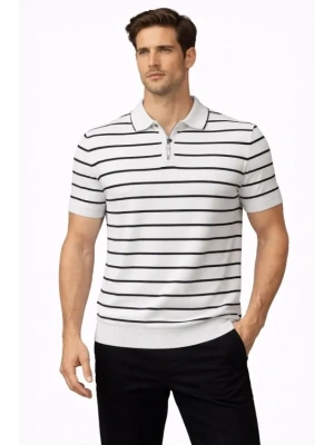 Erkek Triko Polo Yaka Fermuarlı Çizgili Tişört Thirt Yazlık Şık  Beyaz