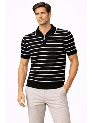 Erkek Triko Polo Yaka Fermuarlı Çizgili Tişört Thirt Yazlık Şık  iyah
