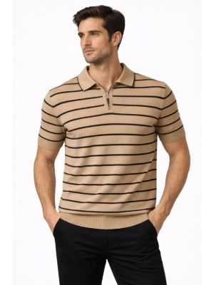 Erkek Triko Polo Yaka Fermuarlı Çizgili Tişört Thirt Yazlık Şık  Kahverengi