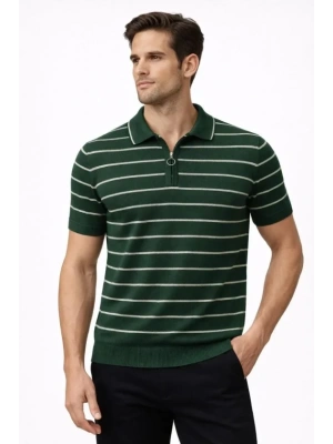 Erkek Triko Polo Yaka Fermuarlı Çizgili Tişört Thirt Yazlık Şık  Yeşil