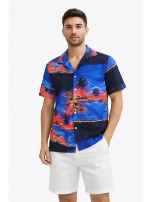 Erkek Tropikal Ada anzara Desenli Kısa Kol Gömlek Hawaii Tarz Yazlık Rahat Kalıp  Desenli