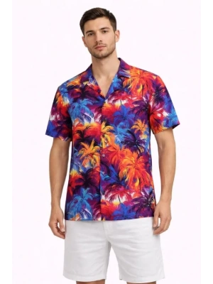 Erkek Tropikal Desenli Kısa Kol Gömlek Rahat Kalıp Yazlık Hawaii Tarz  Desenli