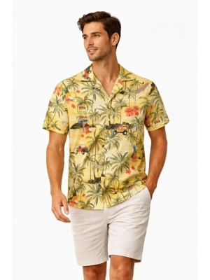 Erkek Tropikal Palmiye Desenli Kısa Kol Gömlek Hawaii Tarz Yazlık Rahat Kalıp  Desenli