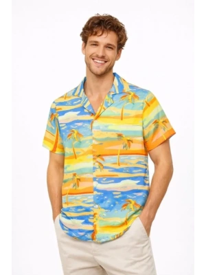 Erkek Tropikal Palmiye Desenli Kısa Kol Gömlek Yazlık Beach Tarz Rahat Kalıp  Desenli
