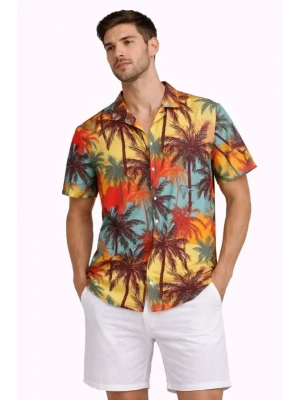 Erkek Tropikal Palmiye Desenli Kısa Kol Gömlek Yazlık Rahat Kalıp Dijital Baskılı  Desenli
