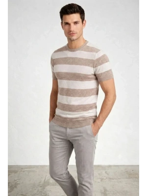 Erkek Tshirt Çizgili Triko Dokuma Bisiklet Yaka Tişört  Bej