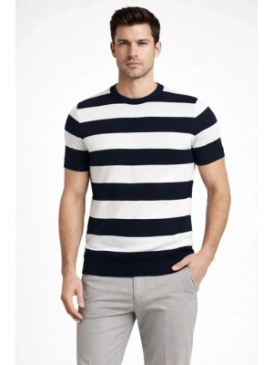 Erkek Tshirt Çizgili Triko Dokuma Bisiklet Yaka Tişört   iyah