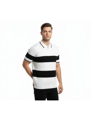 Erkek Tshirt Çizgili Triko Dokuma Kumaş Polo Yaka Yarım Fermuarlı Regular Kalıp Tişört  Beyaz