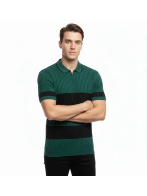 Erkek Tshirt Çizgili Triko Dokuma Kumaş Polo Yaka Yarım Fermuarlı Regular Kalıp Tişört  Çağla Yeşili