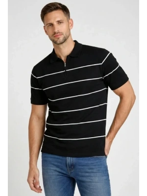 Erkek Tshirt Çizgili Triko Dokuma Kumaş Polo Yaka Yarım Fermuarlı Regular Kalıp Tişört  iyah