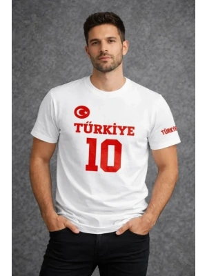 Erkek TÜRKİYE Ay Yıldız Baskılı 10 Numara Forma Tişört Taraftar Thirt  Beyaz