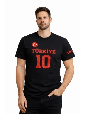 Erkek TÜRKİYE Ay Yıldız Baskılı 10 Numara Forma Tişört Taraftar Thirt  iyah