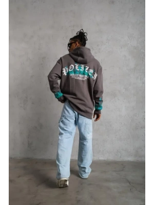 Erkek Üç İplik İçi Pamuklu Alev Baskılı Kapüşonlu weatshirt  Gri