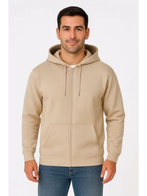 Erkek Üç İplik Kapüşonlu Tam Fermuarlı Kanguru Çepli weathirt Hoodie  Bej