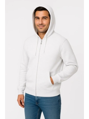 Erkek Üç İplik Kapüşonlu Tam Fermuarlı Kanguru Çepli weathirt Hoodie  Beyaz