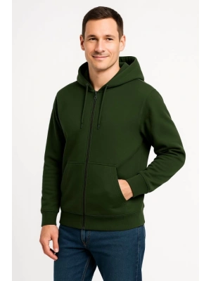 Erkek Üç İplik Kapüşonlu Tam Fermuarlı Kanguru Çepli weathirt Hoodie  Haki