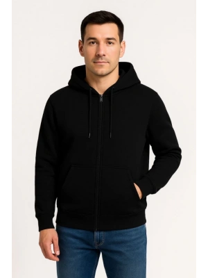 Erkek Üç İplik Kapüşonlu Tam Fermuarlı Kanguru Çepli weathirt Hoodie  iyah