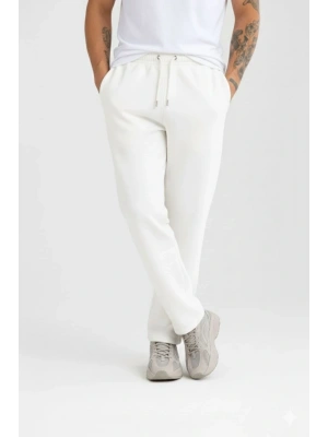 Erkek Üç Iplik Kışlık Pamuklu Ovarsize Bağcıklı Düz Paça Cepli Eşofman Altı por Rahat odel  Beyaz