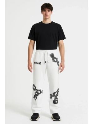 Erkek Üç İplik Pamuklu Baskılı Cepli Jogger Buggy Pantalon Oversize Kalıp  Beyaz