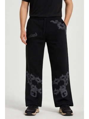 Erkek Üç İplik Pamuklu Baskılı Cepli Jogger Buggy Pantalon Oversize Kalıp  iyah