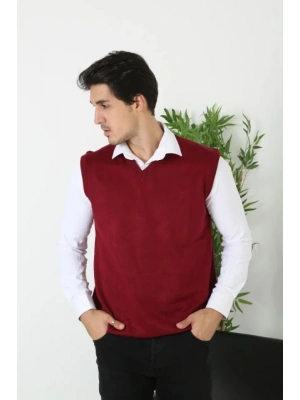 Erkek V Yaka Kolsuz Süveter Triko Kazak Yumuşak Dokulu Pamuklu Ince Dokuma Rahat Regular Kalıp  Bordo