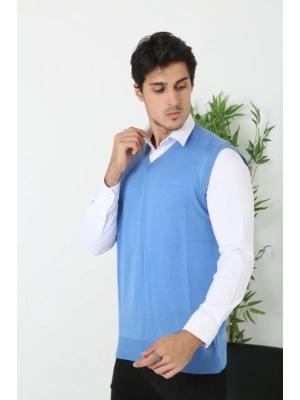 Erkek V Yaka Kolsuz Süveter Triko Kazak Yumuşak Dokulu Pamuklu Ince Dokuma Rahat Regular Kalıp  Mavi