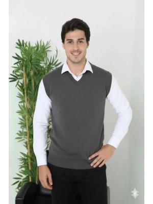 Erkek V Yaka Kolsuz Süveter Triko Kazak Yumuşak Dokulu Pamuklu Ince Dokuma Regular  Füme