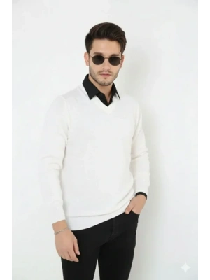Erkek V Yaka Triko Kazak Yumuşak Dokulu Pamuklu Ince Dokuma, Uzun Kollu Rahat Regular Kalıp  Beyaz