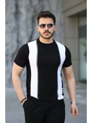 Erkek Viskon Kumaş Bisiklet Yaka çizgi Desenli Tişört