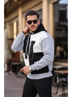 Erkek W Nakış İşlemeli Kapüşonlu weatshirt  iyah