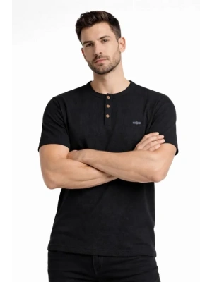 Erkek Waffle Dokulu ikralı Henley Yaka Düğmeli Regular Fit Kısa Kollu Thirt  iyah