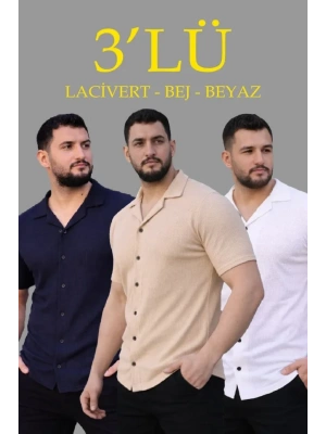 Erkek Waffle Dokuma Açık Yakalı Düğmeli Regular Kalıp 3’lü Gömlek eti  Bej, Beyaz, acivert