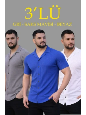 Erkek Waffle Dokuma Açık Yakalı Düğmeli Regular Kalıp 3’lü Gömlek eti  Gri, aks avisi, Beyaz