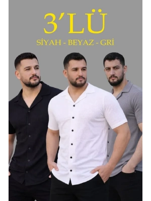 Erkek Waffle Dokuma Açık Yakalı Düğmeli Regular Kalıp 3’lü Gömlek eti  iyah, Beyaz, Gri