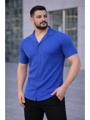 Erkek Waffle Kumaş Kısa Kollu Düğmeli Açık Yaka Regular Fit Gömlek  aks avisi