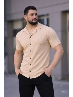 Erkek Waffle Kumaş Kısa Kollu Düğmeli Açık Yaka Regular Fit Gömlek  Bej