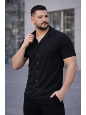 Erkek Waffle Kumaş Kısa Kollu Düğmeli Açık Yaka Regular Fit Gömlek  iyah