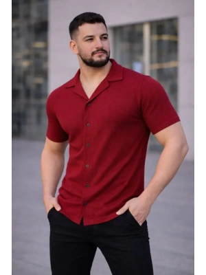 Erkek Waffle Kumaş Kısa Kollu Düğmeli Açık Yaka Regular Fit Gömlek  Kırmızı