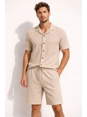 Erkek Waffle Kumaş Kısa Kollu Gömlek Şort Takım Regular Fit Yazlık İkili et  Bej