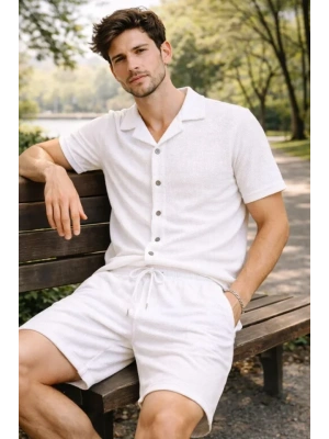 Erkek Waffle Kumaş Kısa Kollu Gömlek Şort Takım Regular Fit Yazlık İkili et  Beyaz